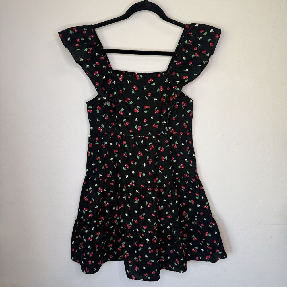 100% Cotton Cherry Black Novelty Baby Doll Ruffle Mini Dress Retro Summer